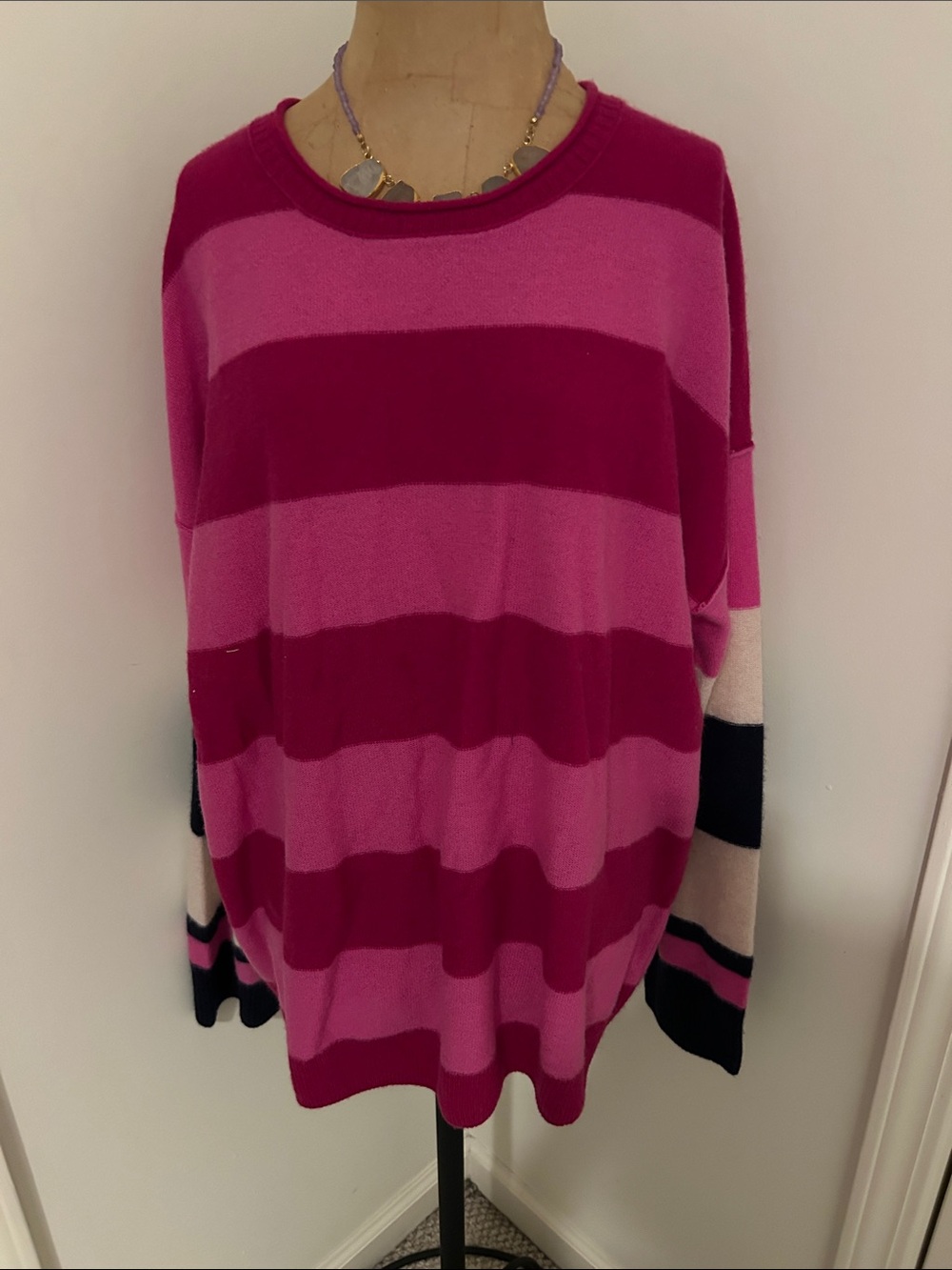 Free People Cashmere Oversized Pink Stripe Crewneck Sweater